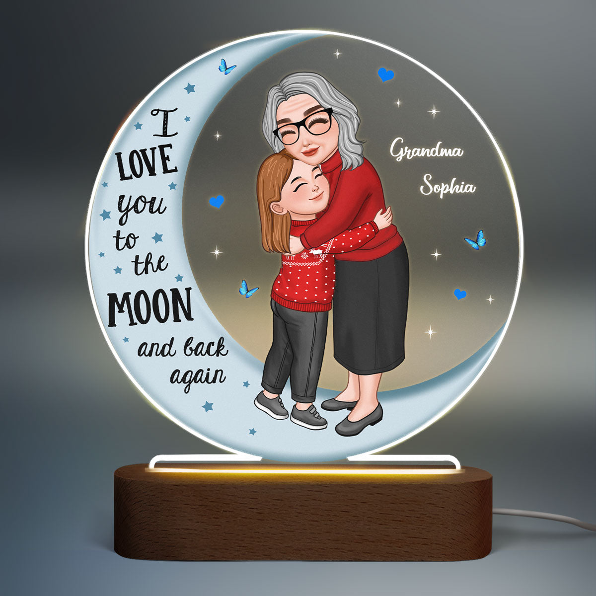 Grandma Hugging Grandkid On Moon Personalized Acrylic Plaque With LED Night Light