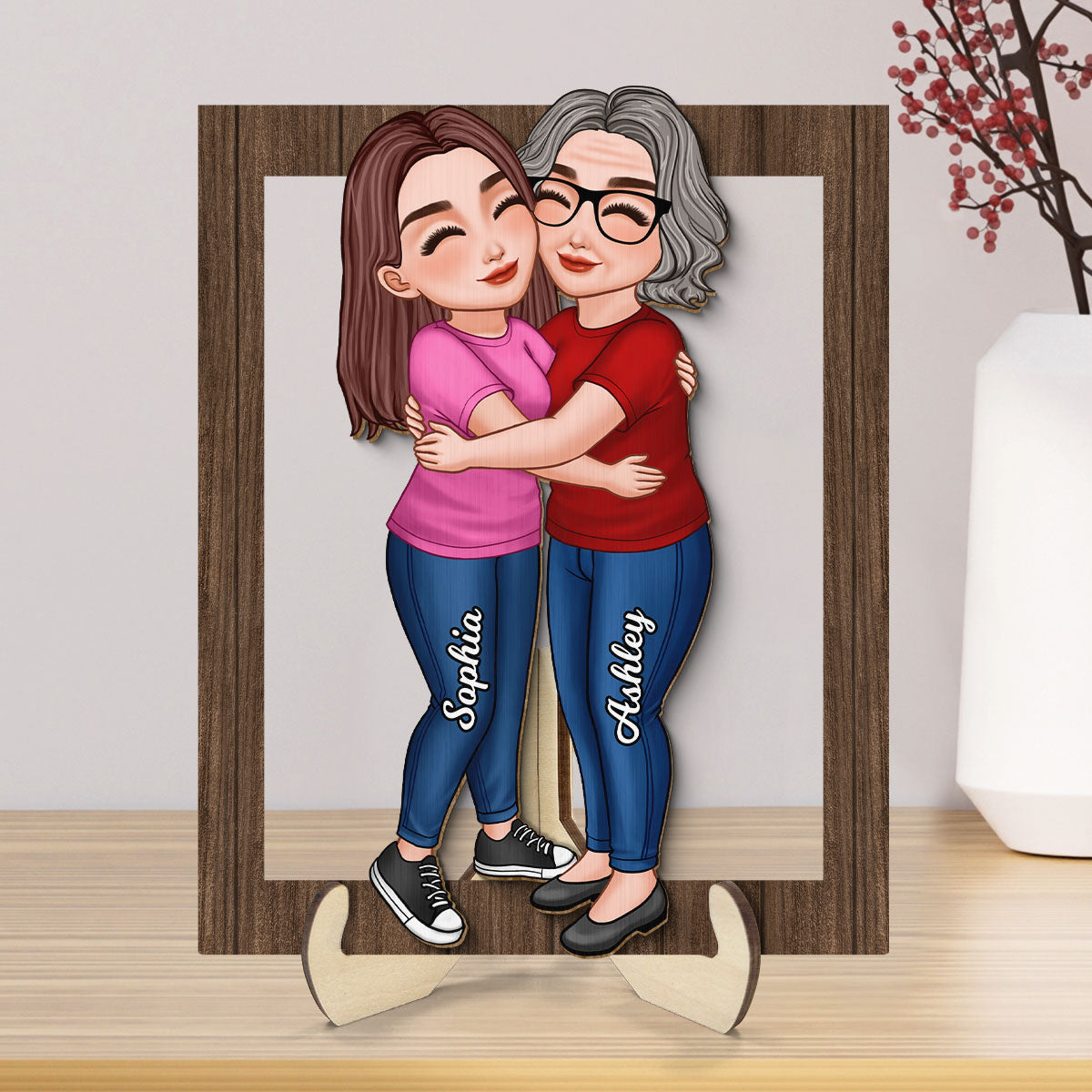 Mom Hugging Daughter Son By Custom Occupation Firefighter, Nurse, Police Officer Personalized Wooden Plaque