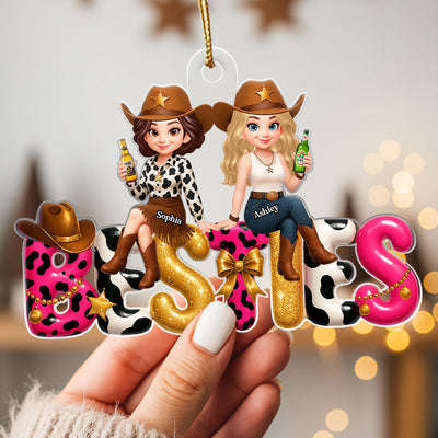 Western Besties Sitting under the Christmas Tree Personalized Acrylic Ornament - Gift for Best Friends
