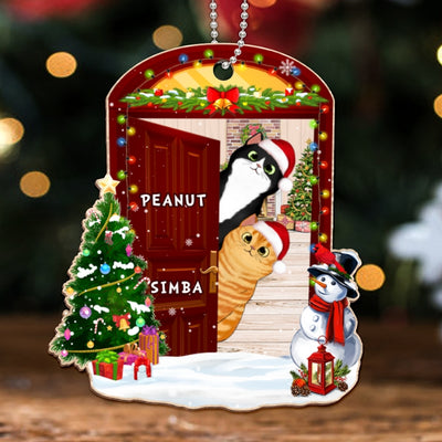 Christmas Opened Door Peeking Cats Personalized Wooden Ornament