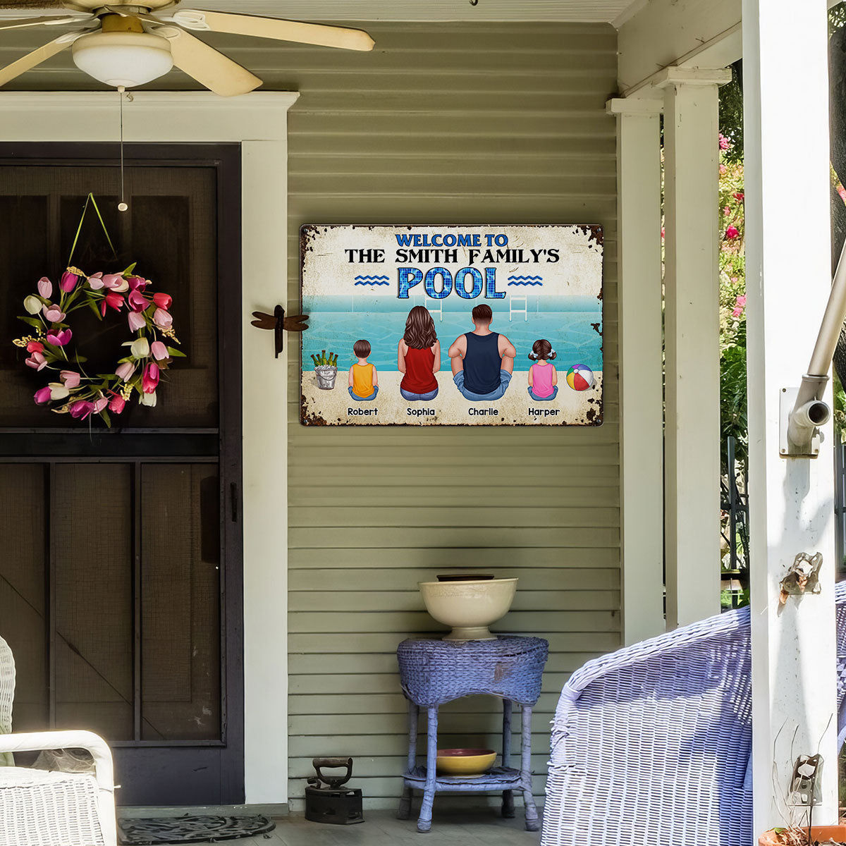 Welcome To Family Poolside Back View Personalized Metal Sign