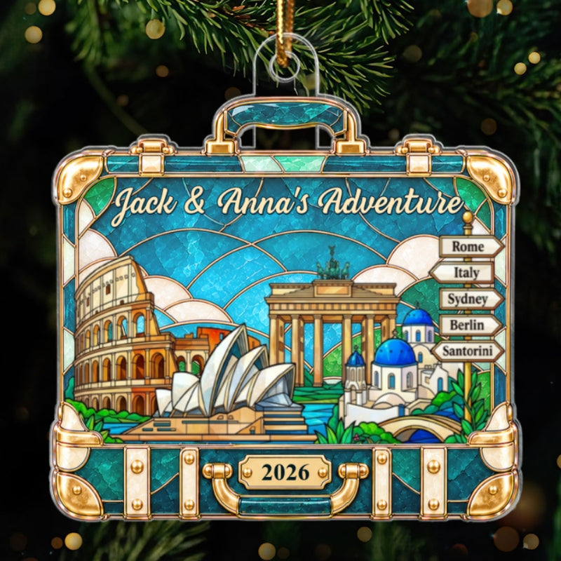 Custom Travel Adventure Suitcase Colorful Faceted Illustration 2D Flat Printed - Personalized Acrylic Ornament - Traveling Destination Keepsake, Christmas Gift For Traveling Lovers
