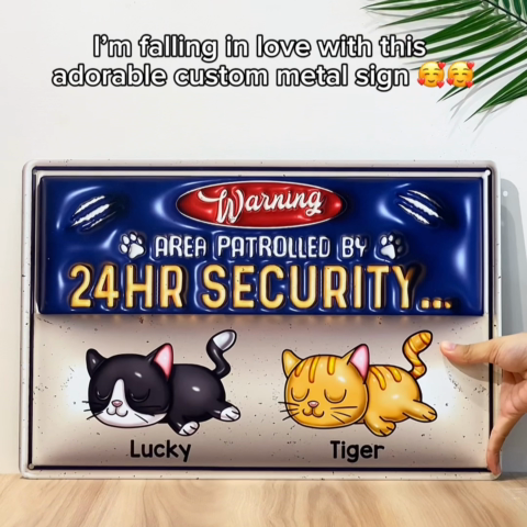 Warning Area Patrolled By Cute Sleeping Cats Personalized 3D Inflated Metal Sign, Gift for Cat Mom, Cat Dad, Cat Lovers