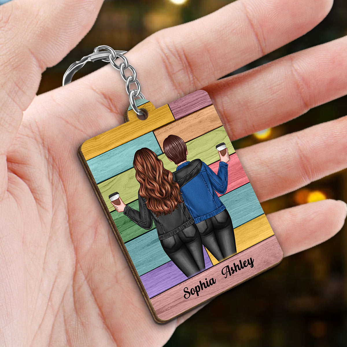 Colorful Palette Back View Besties Gift For Best Friends Personalized Wooden Keychain