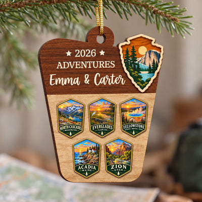 Custom National Parks Adventures - Personalized Wooden Ornament - National Parks Adventure Lovers, National Park Trip Keepsake, Couple Traveling Christmas Gift