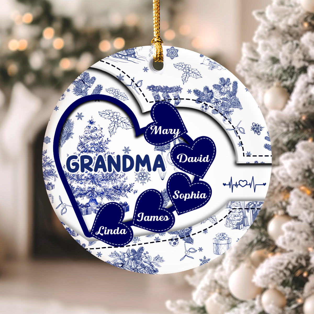 Grandma With Hearts Grandkids' Names Toile De Jouy Style Personalized Circle Ornament