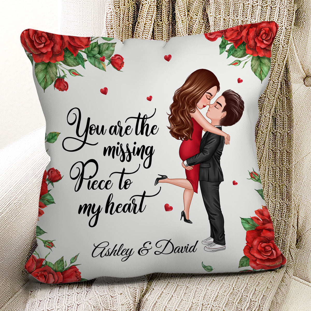 Missing Piece Kissing Couple Rose Personalized Pillow - Anniversary Gift For Couple - Gift For Him, Gift For Her