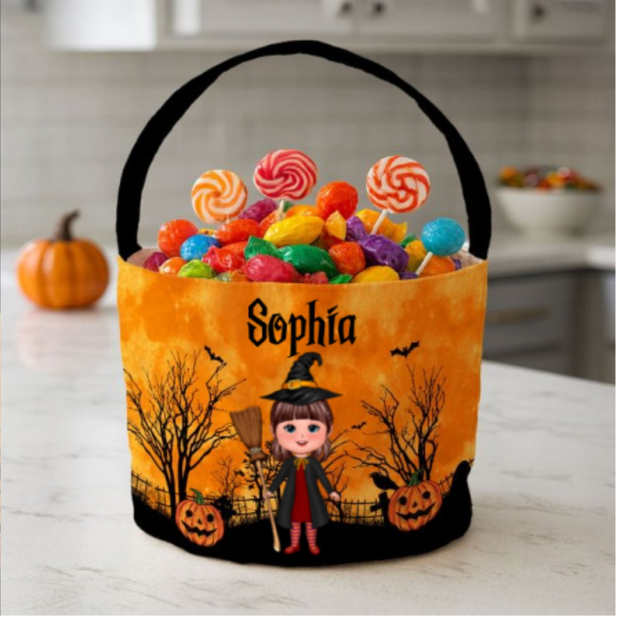 Halloween Character Moon Bat Tree Personalized Trick Or Treat Basket, Halloween Gift For Kids