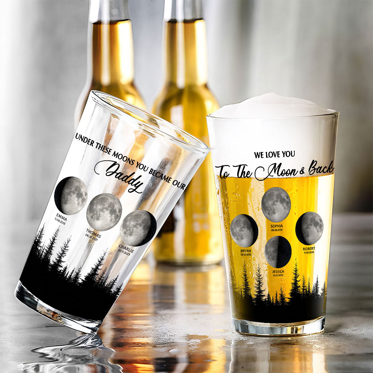Under These Moon You Became Our Dad Grandpa Birth Moon Phase Art Personalized Beer Glass, Father's Day Gift