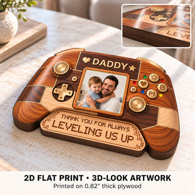 Thank You for Always Leveling Us Up 2D Flat - Personalized Wooden Block - Christmas Gift for Gamer Dad, Gift for Him