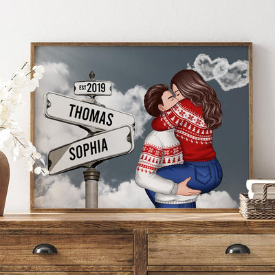 Couple Hugging Kissing, Sign Post Personalized Poster, Christmas Gift For Him, Gift For Her