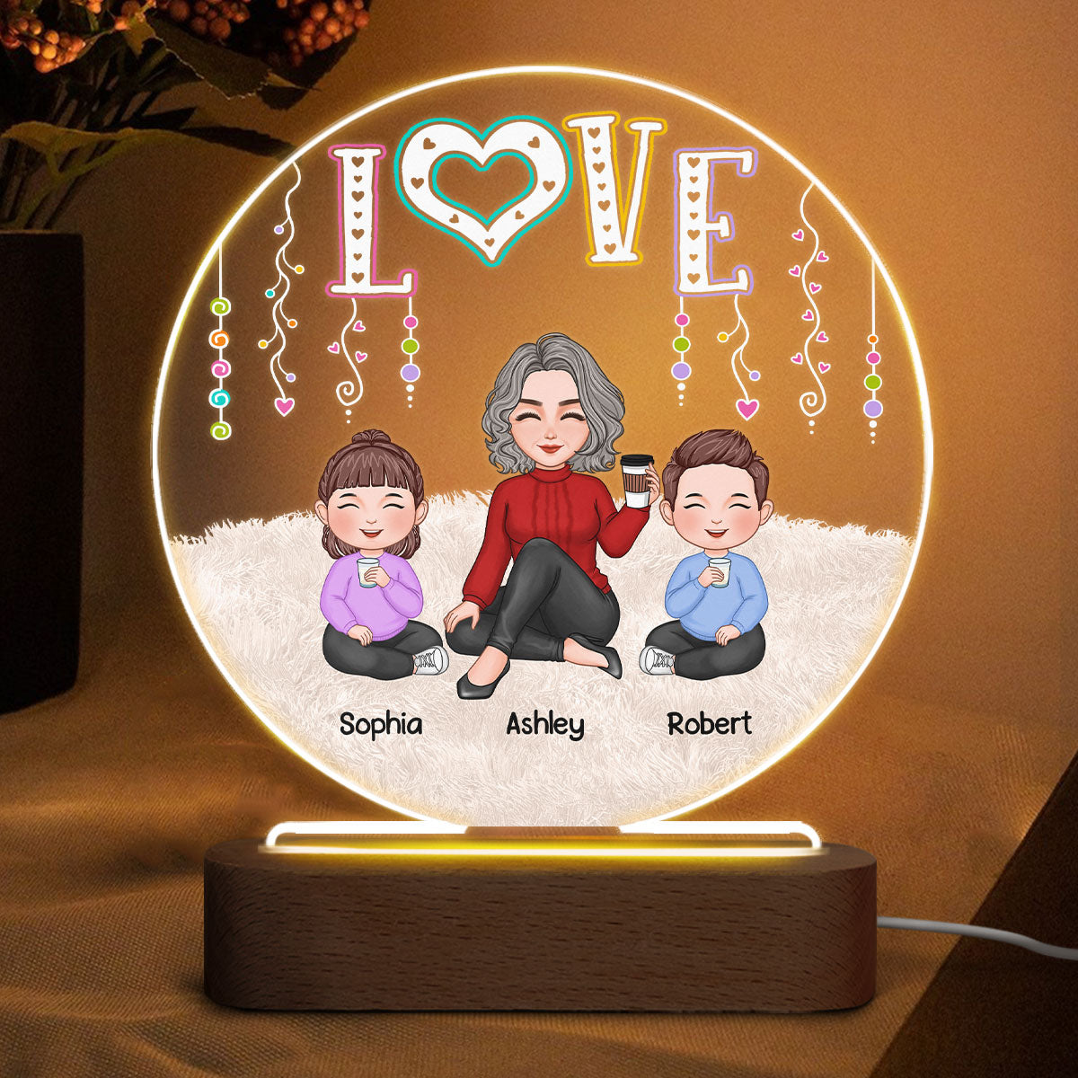 LOVE Cute Grandma Grandkids Sitting On Carpet Personalized Circle Acrylic Plaque With LED Night Light
