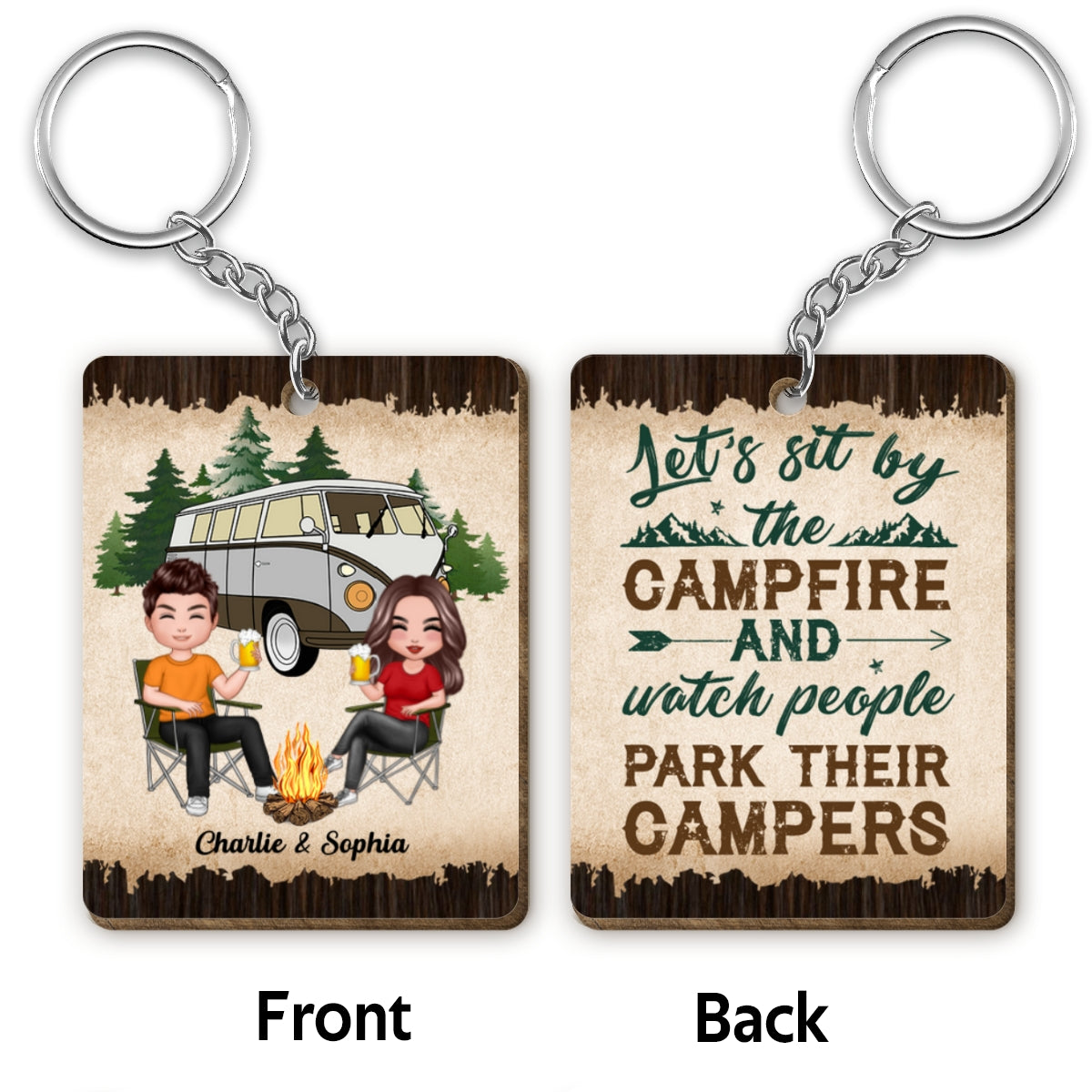 Let‘s Sit By The Campfire Camping Couple Personalized Wooden Keychain