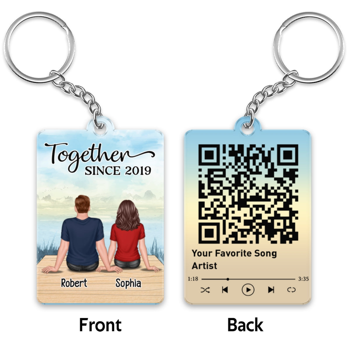 Couple Back View Sitting At Lake Favorite Song Scannable QR Code Personalized Acrylic Keychain