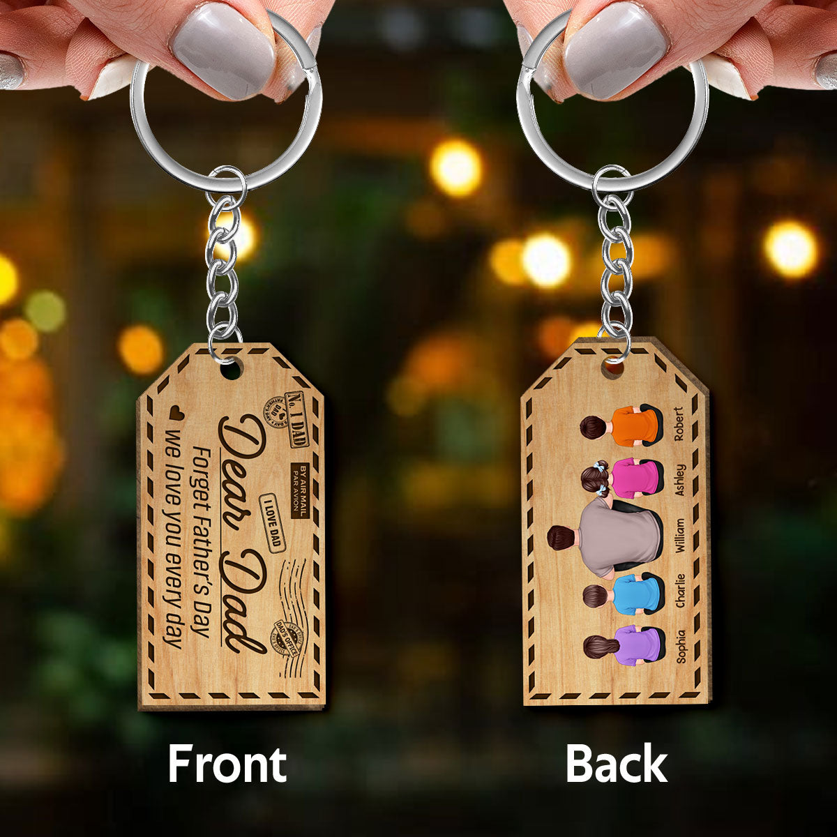Dad Kids Dogs Cats Back View Envelope Personalized Wooden Keychain