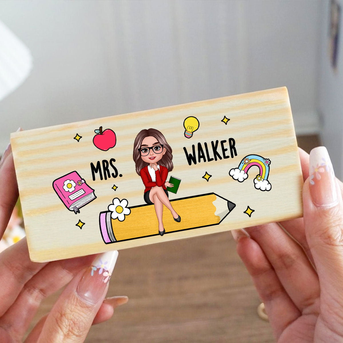 Teacher Sitting on Pencil Personalized Teacher Whiteboard Eraser, Custom Teacher Appreciation Gifts, Chalkboard Eraser with Marker