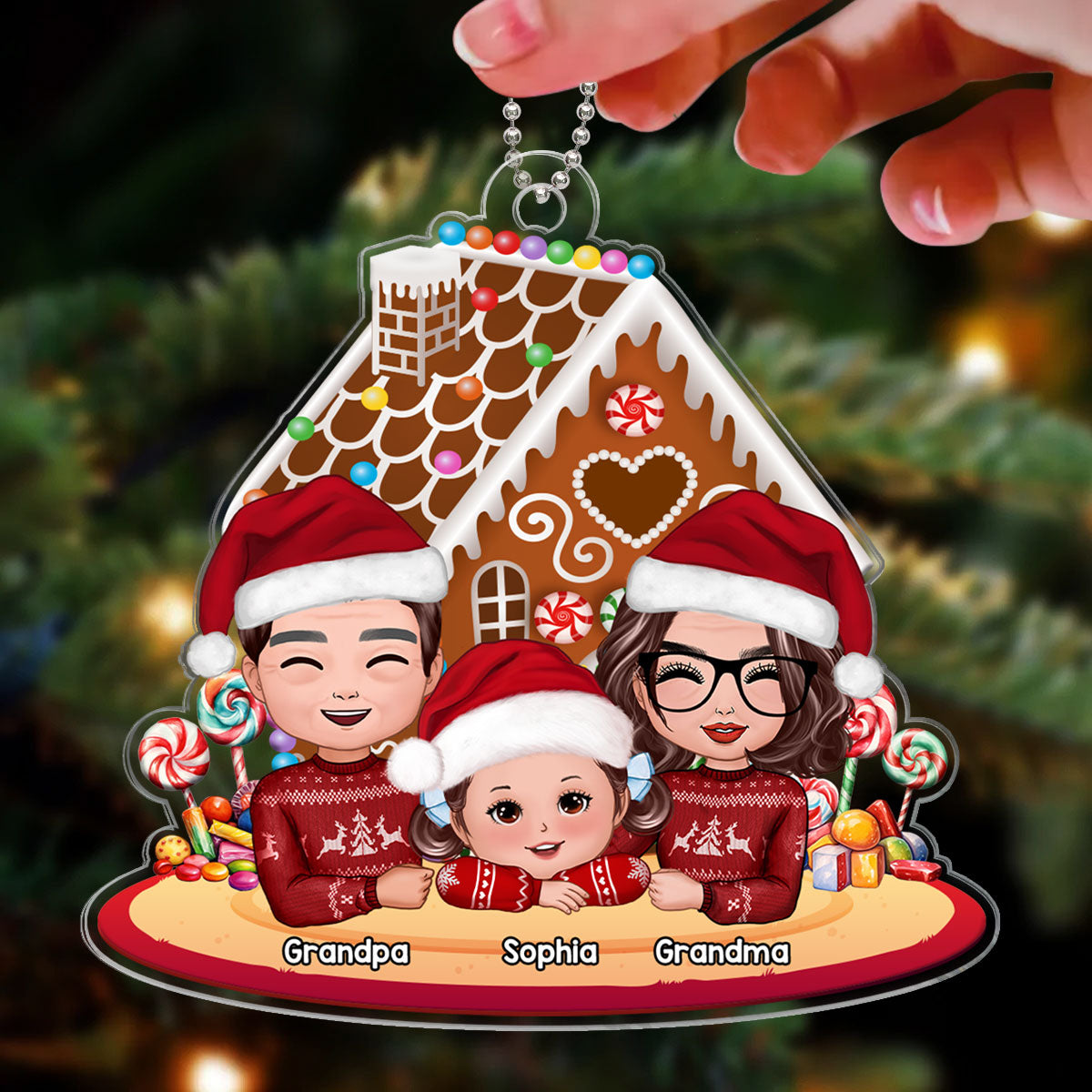 Grandma Grandpa Grandkid Gingerbread House Christmas Personalized Acrylic Ornament