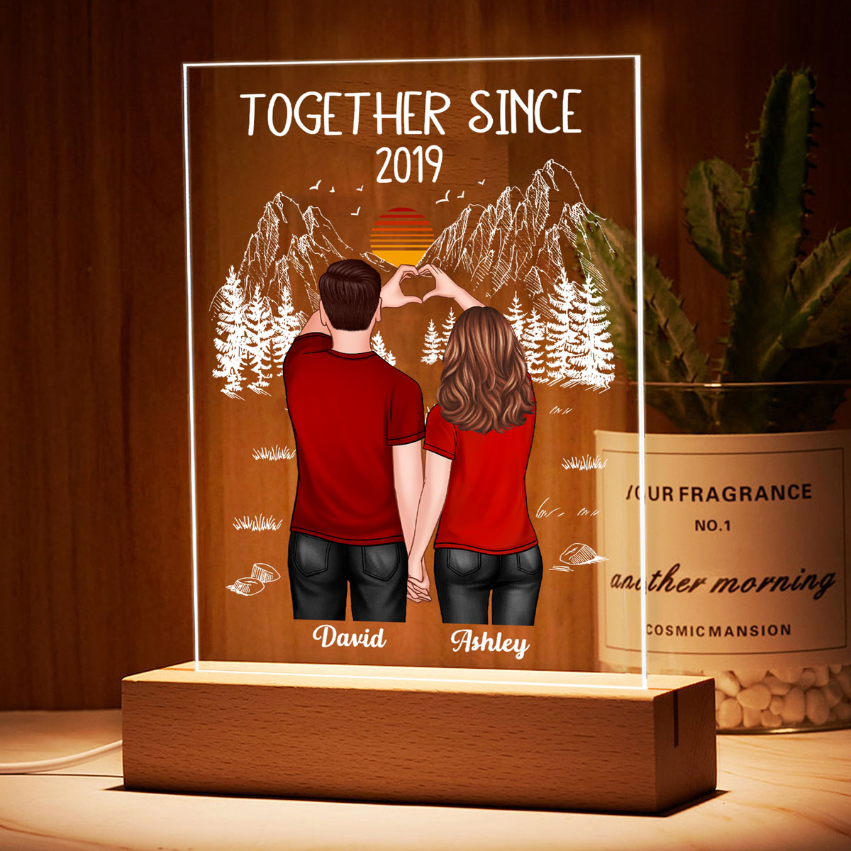 Couple Heart Hands Mountain Sketch Personalized Plaque LED Night Light