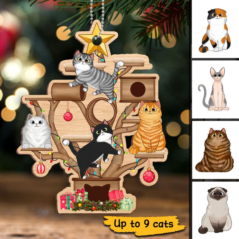 Christmas Cat Tower Personalized Wooden Ornament