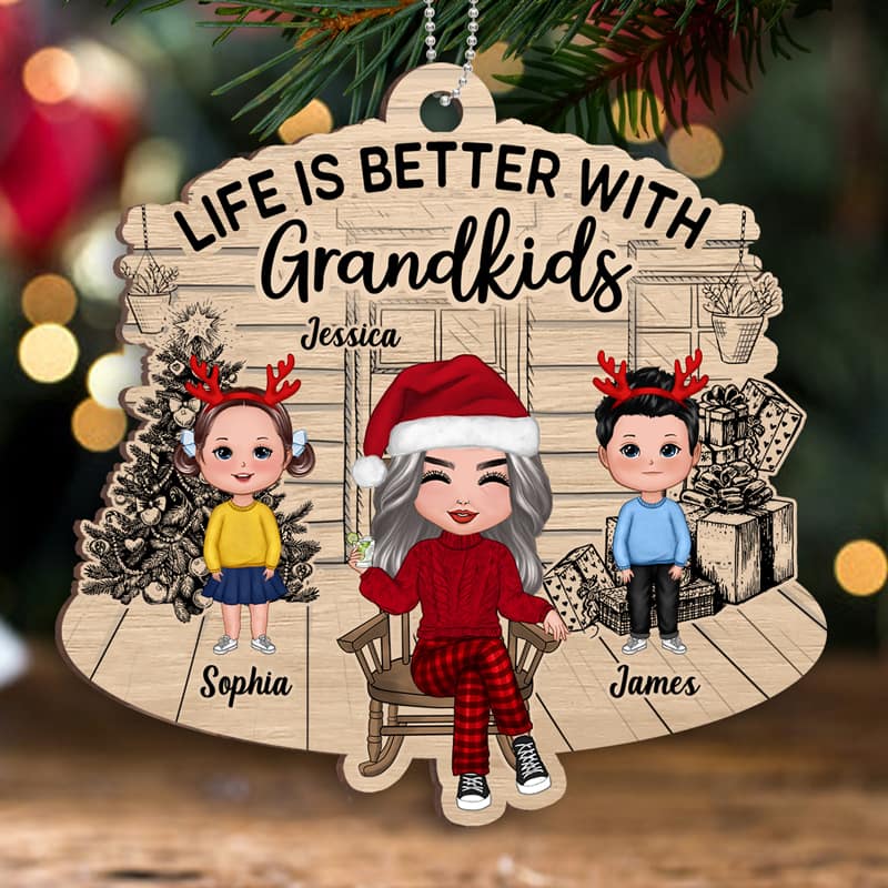 Grandma Grandkids Front Porch Personalized Christmas Wooden Ornament
