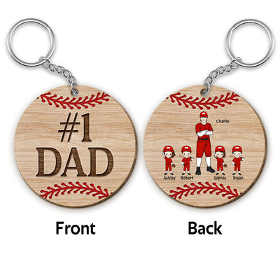 No. 1 Baseball Dad Baseball Man & Kids Personalized Wooden Keychain