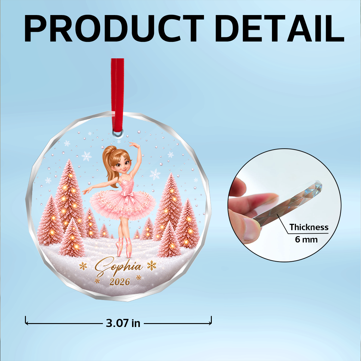 Pink Ballerina 2D Flat - Personalized Glass Ornament – Christmas Gift for Daughter, Granddaughter & Young Dancers