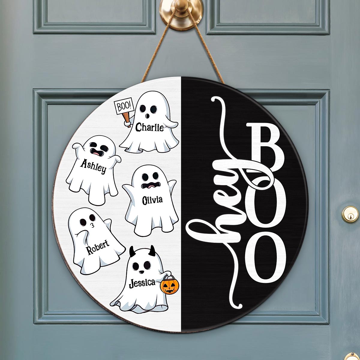 Hey Boo Halloween Family Personalized Wood Sign, Door Hanger, Halloween Decor