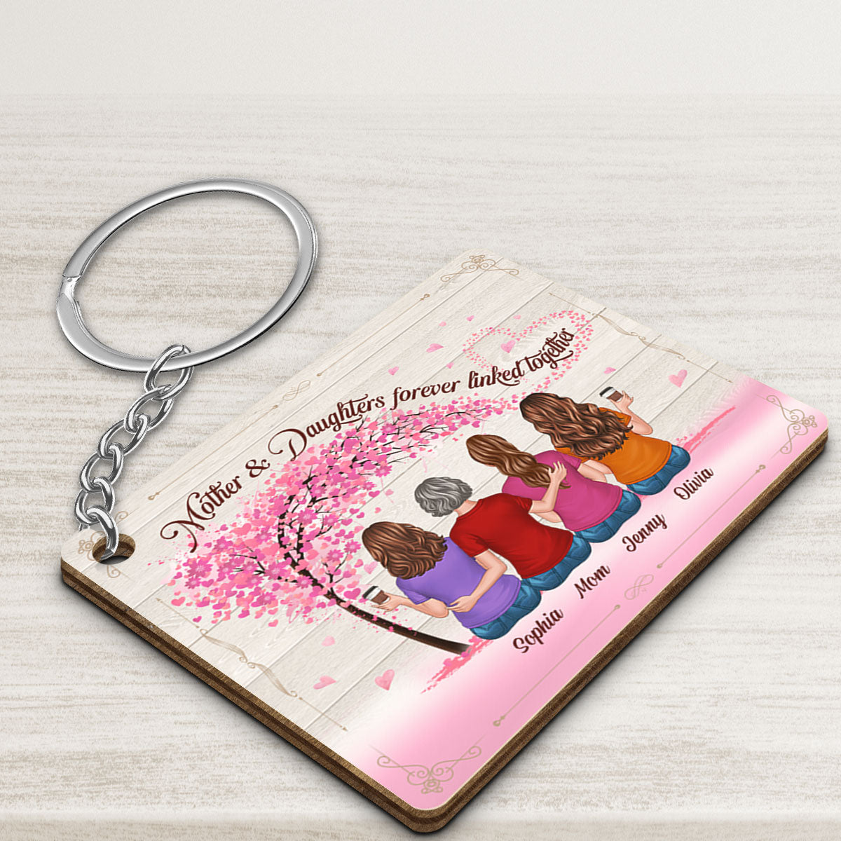 Back View Mother And Daughters Under Pink Tree Personalized Wooden Keychain