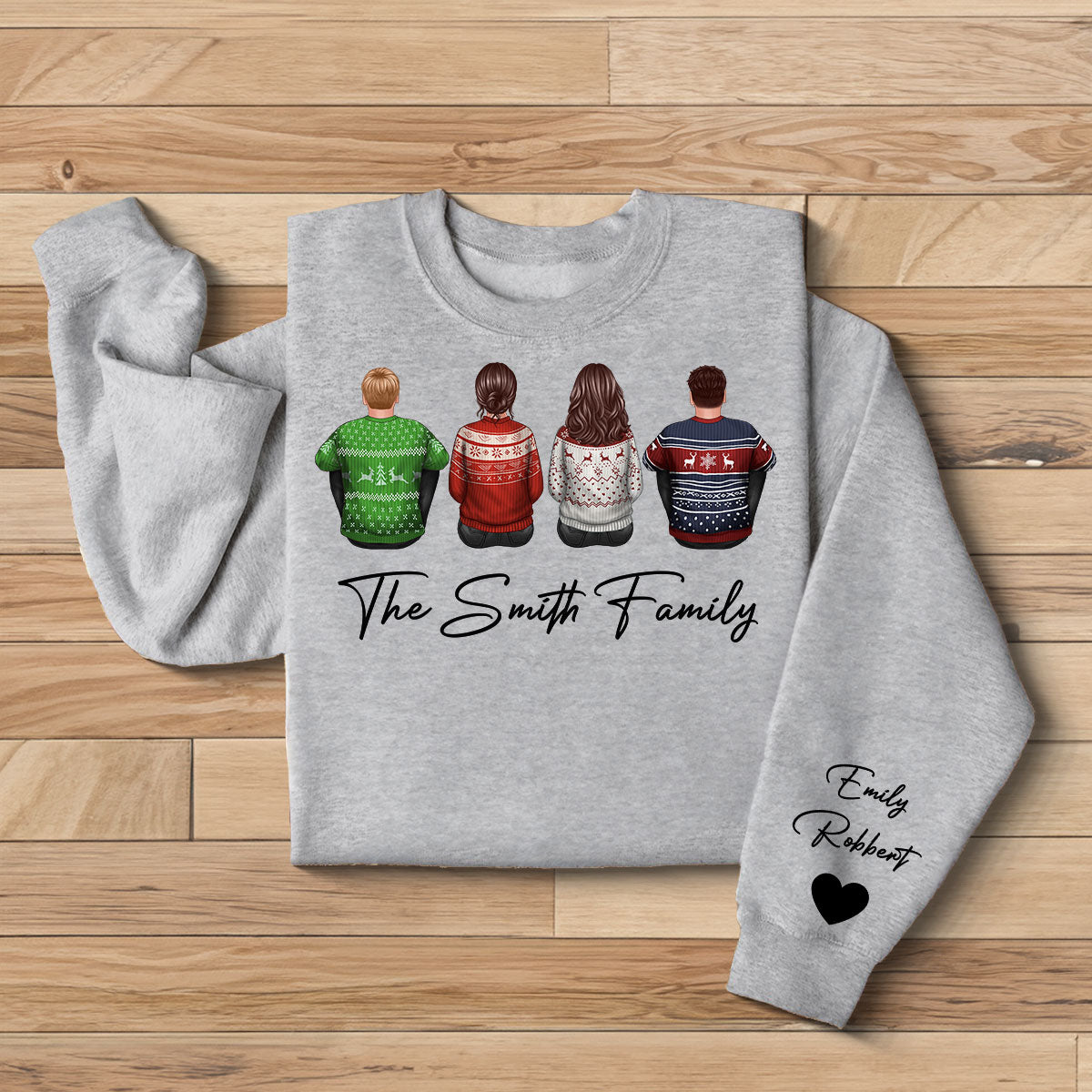 Family Sitting Back View Christmas Personalized Sleeve Printed Sweatshirt