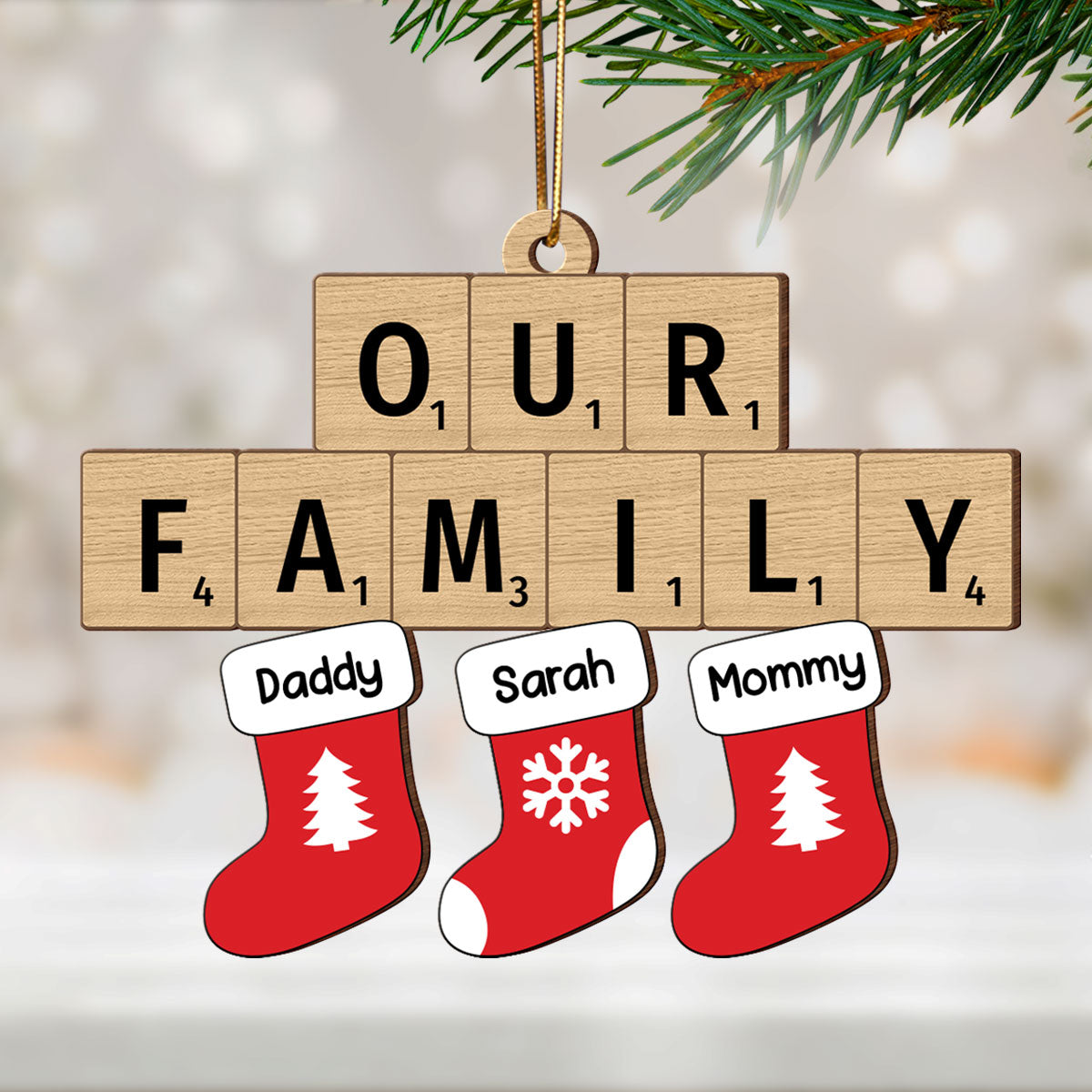 Our Family Christmas Socks Puzzle Style Personalized Wooden Ornament, Christmas Decoration