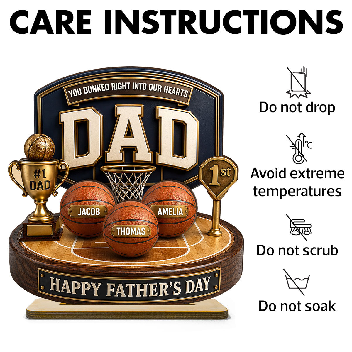 Basketball Trophy You Dunked Right Into Our Hearts - Personalized 2-Layered Wooden Plaque - Father's Day Gift For Dad, Husband
