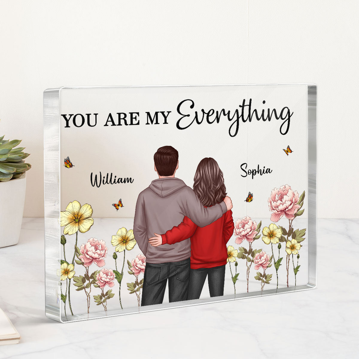 Couple Birth Month Flower Personalized Rectangle Acrylic Block Plaque, Heartfelt Gift For Couple, For Him, For Her, Boyfriend, Girlfriend, Husband, Wife