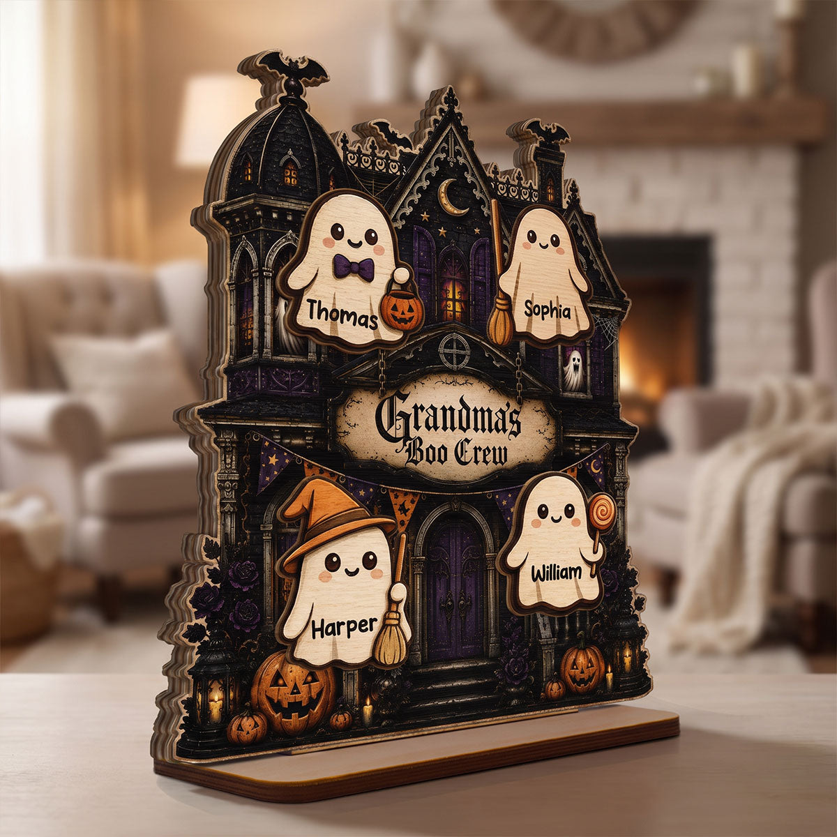 Grandma's Boo Crew Haunted House - Personalized 2-Layered Wooden Plaque - Halloween Decor For Grandma