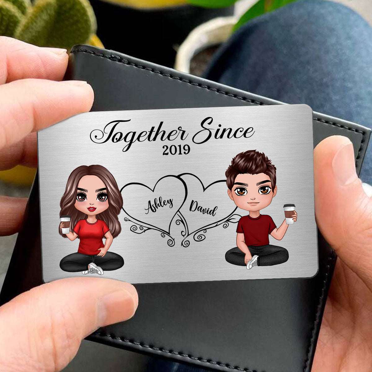 Hearts Doll Couple Sitting Gift For Him Gift For Her Personalized Metal Wallet Card