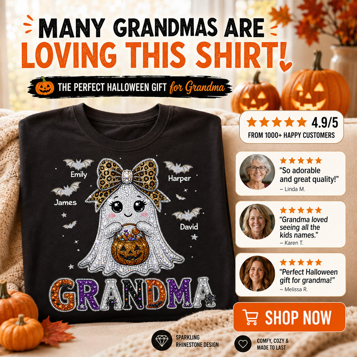 Boo Grandma Halloween Rhinestones Effect - Personalized Shirt - Halloween Gift For Grandma