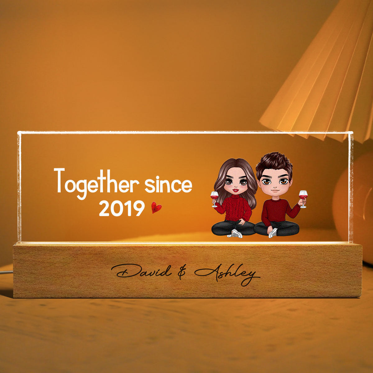Doll Couple Sitting Together Since Personalized Acrylic LED Night Light, Anniversary Gift For Her, Gift For Him