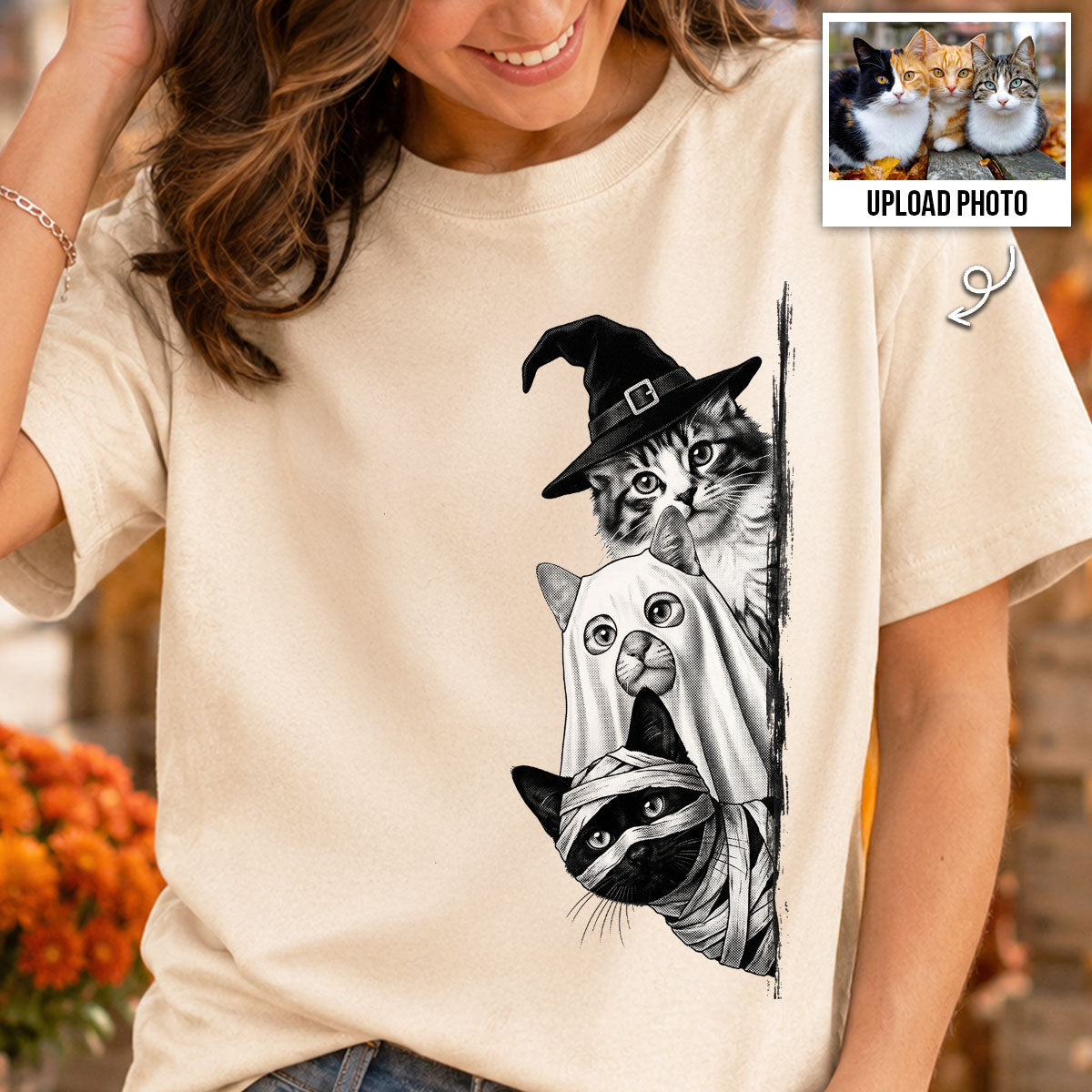 Peeking Halloween Cats Dogs Upload Photo - Personalized Shirt - Gift For Cat Mom, Dog Mom