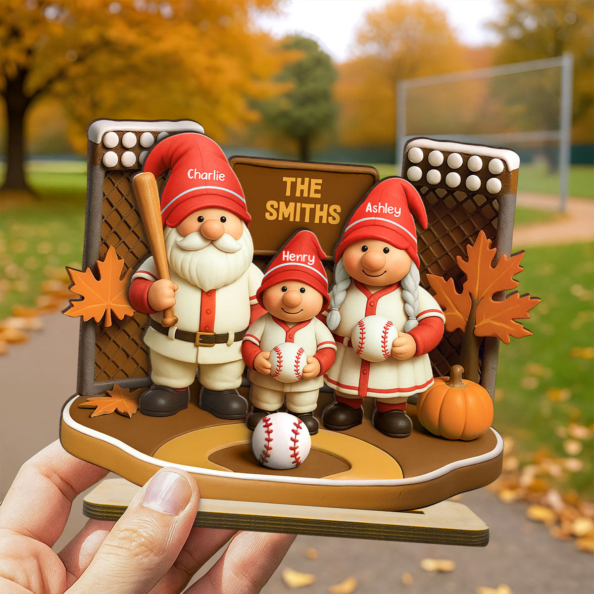 Fall Season Baseball Gnome Family 3D Effect Personalized Standing Wooden Plaque
