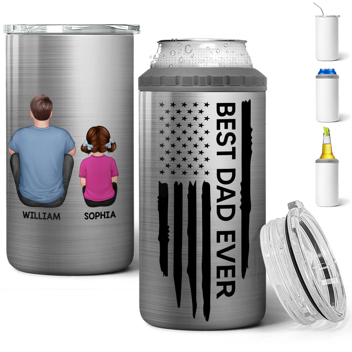 Best Dad Papa Grandpa Ever Nation Flag Back View Man & Kids Patriotic Gift For Husband Father Figures Personalized 4 In 1 Can Cooler