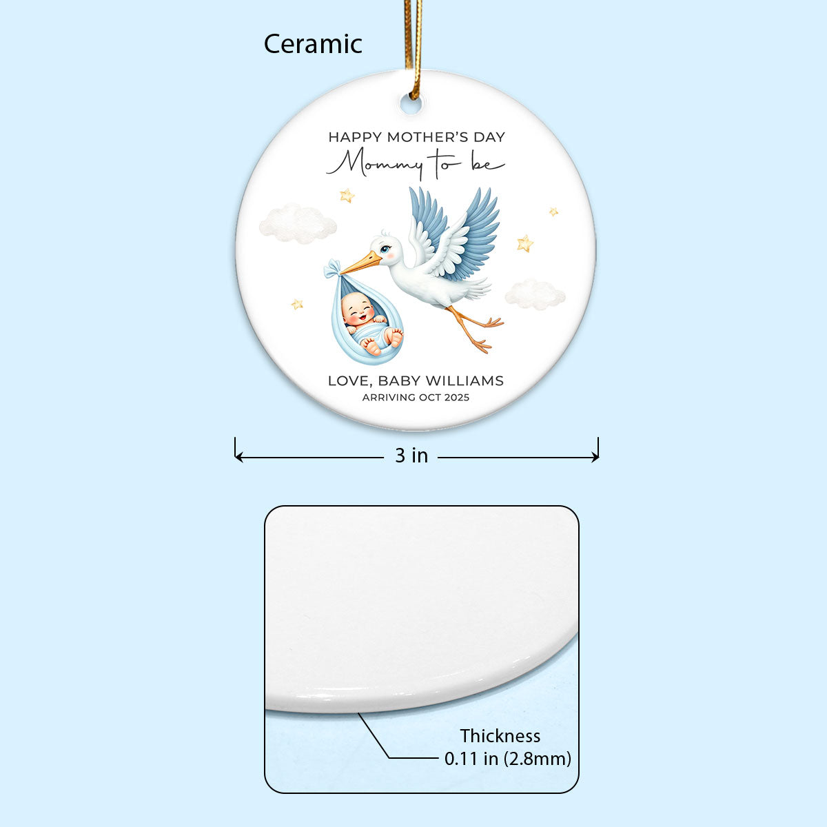 Cute Stork And Baby Mommy to be, Personalized Ceramic Ornament, Heartfelt First Gift for Pregnant Mom