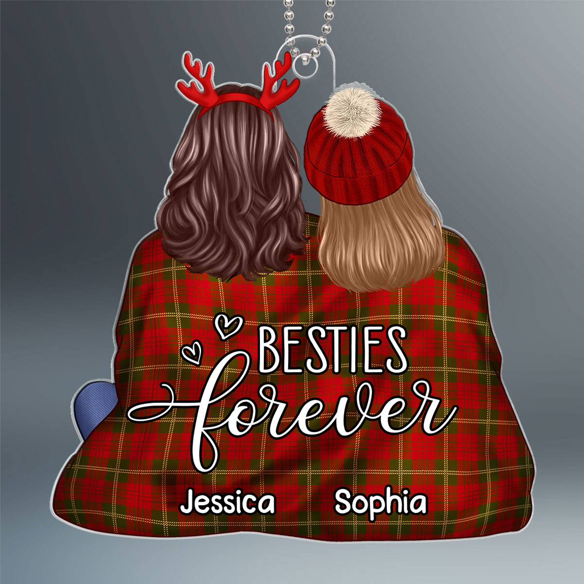 Back View Besties Snuggle In Blanket Christmas Gift For Best Friends Personalized Acrylic Ornament