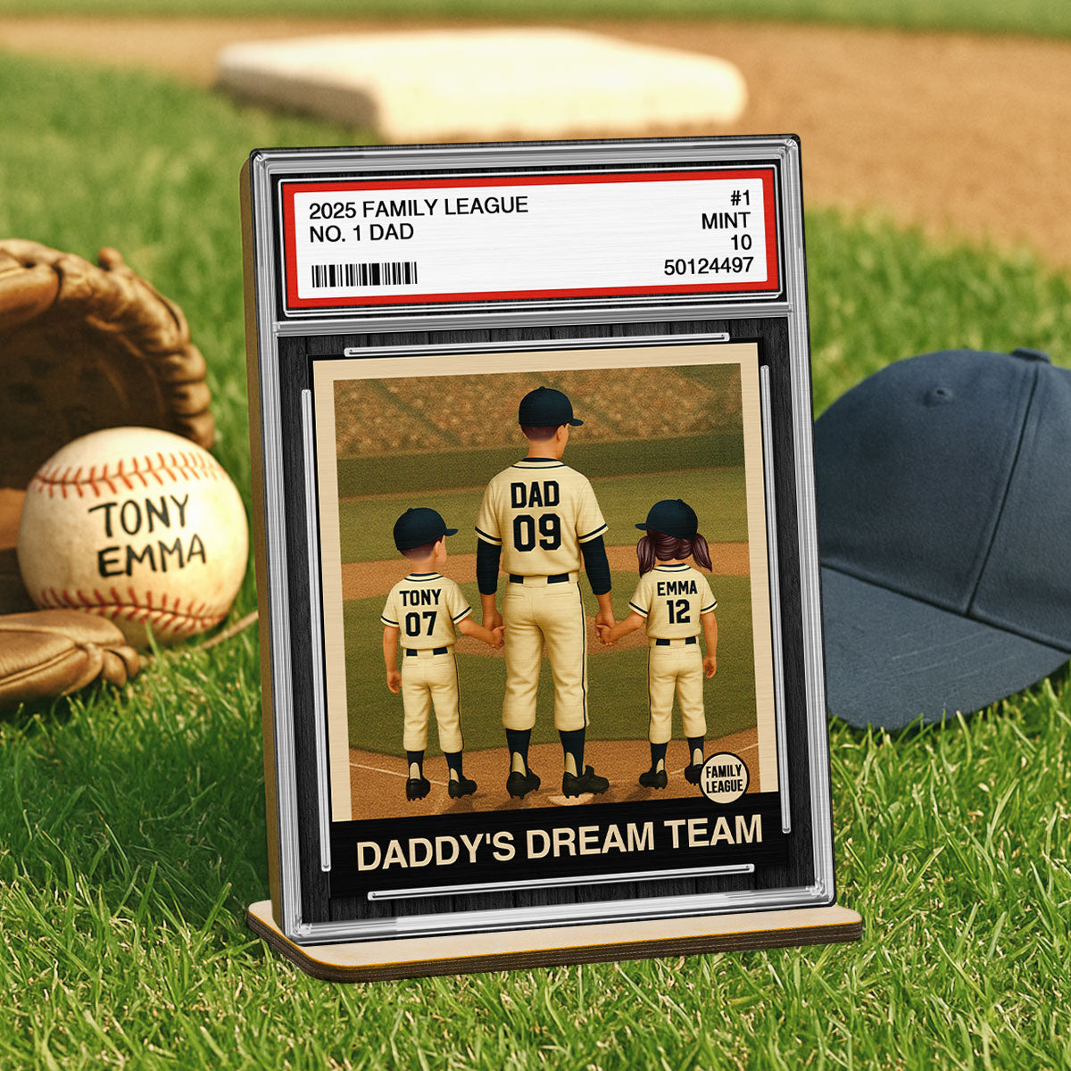 Baseball No. 1 Dad Man & Kids Trading Card Style Personalized 2-Layer Standing Wooden Plaque