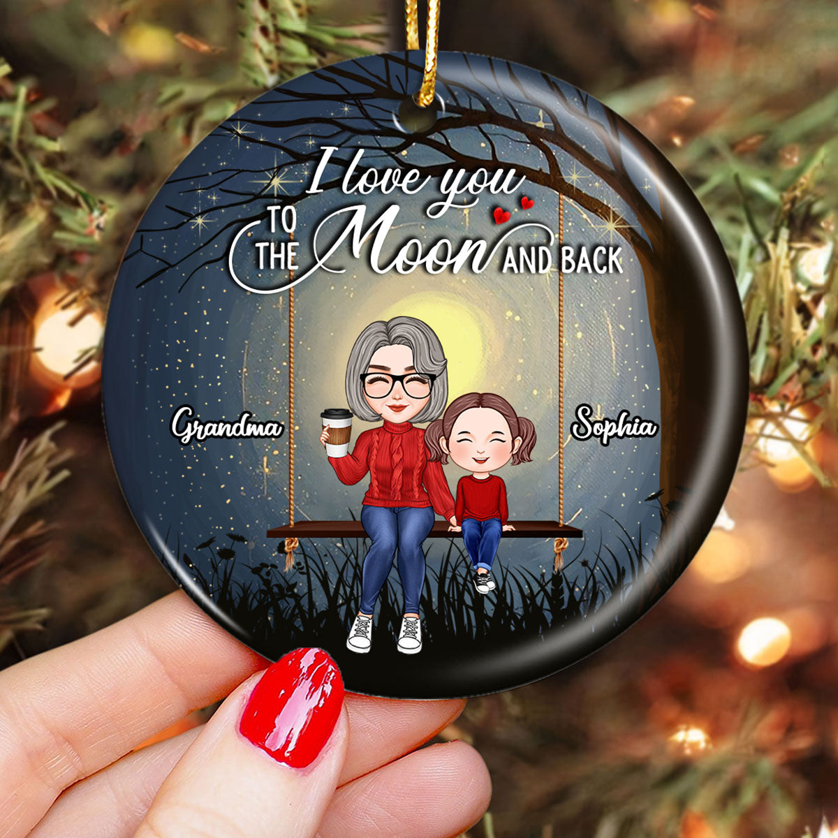 Cute Grandma Grandkid On Swing Love To The Moon Gift For Granddaughter Grandson Personalized Circle Ornament