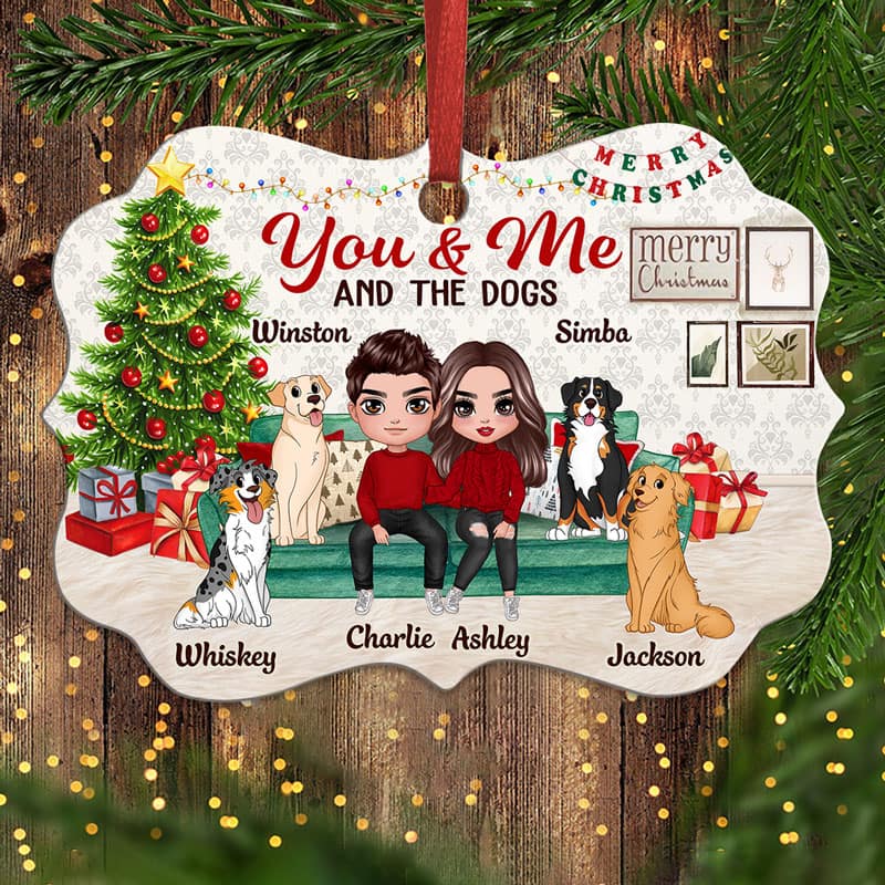 Couple And Dogs Sitting On Sofa Personalized Christmas Ornament