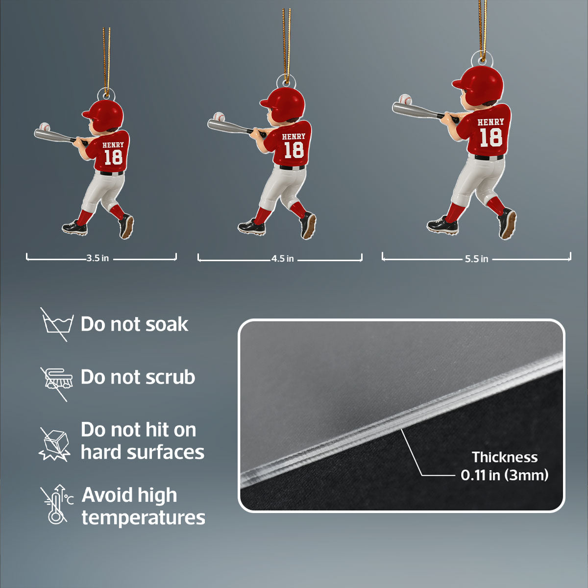 Personalized Baseball Player Ornament – Kid Hitting Ball, 3D Effect Acrylic Flat Ornament