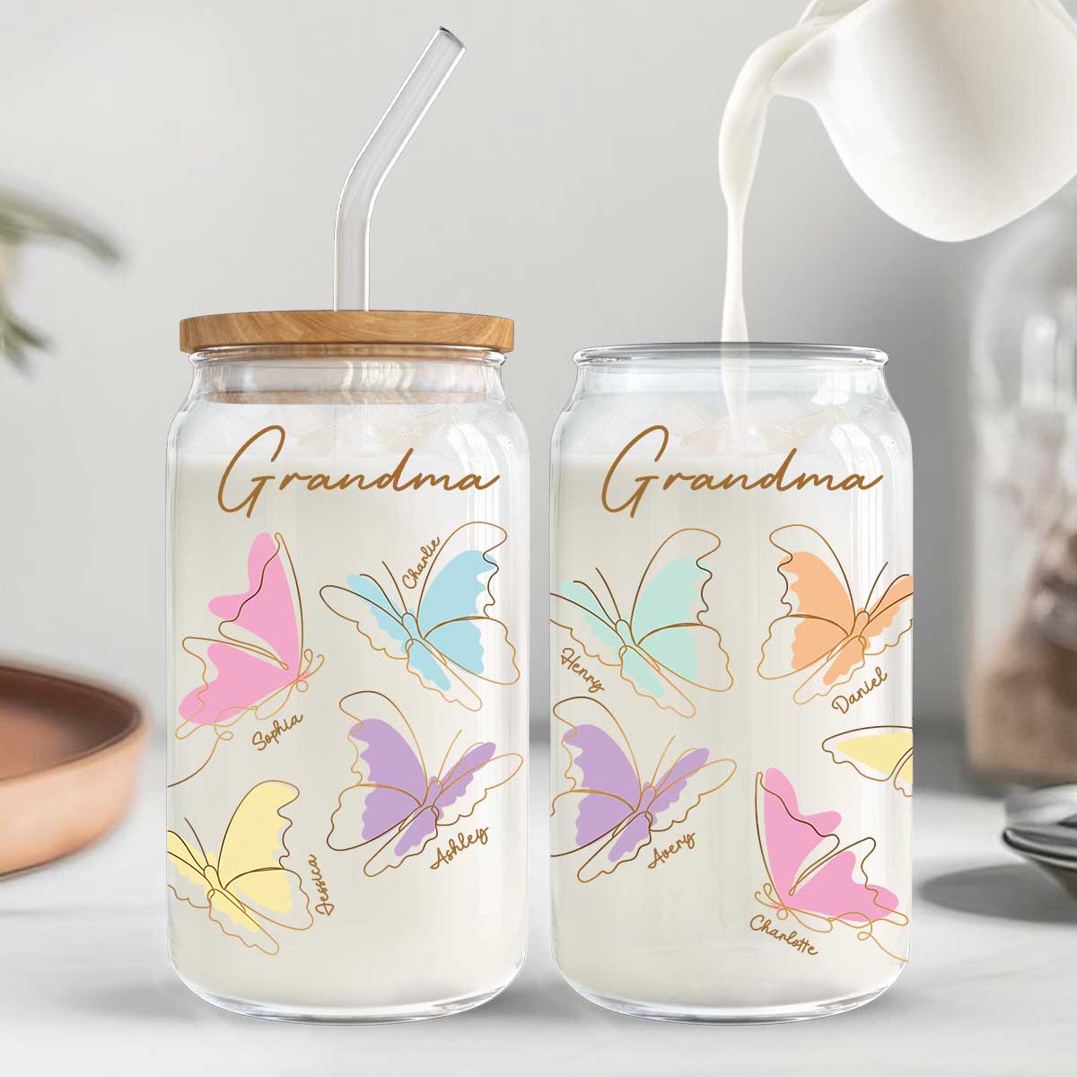 Grandma Mom Auntie Butterflies Kids Names Personalized Clear Glass Can