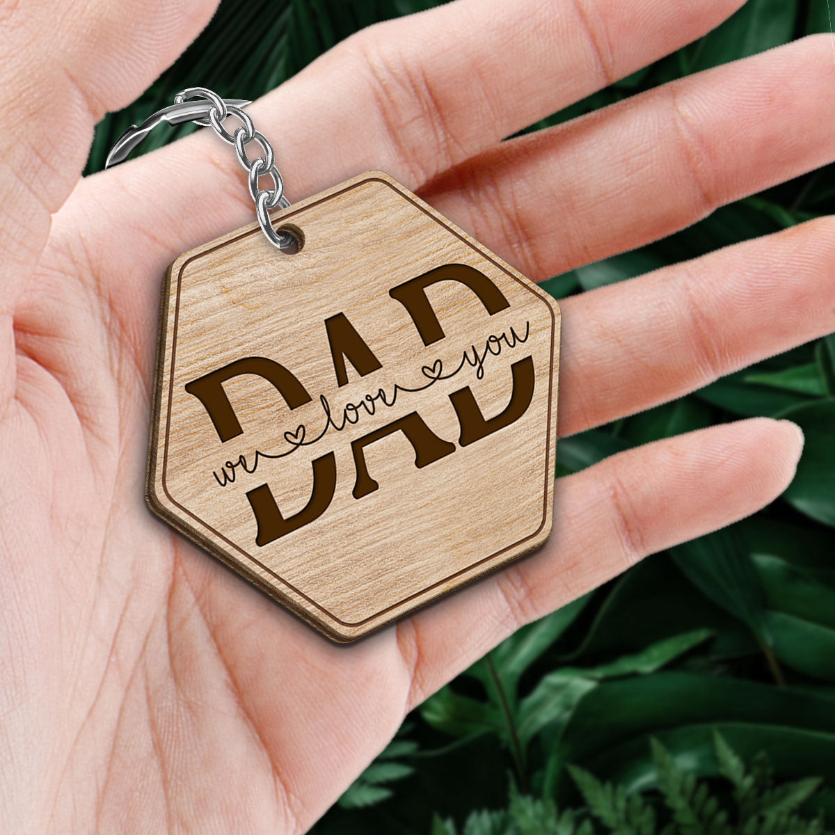 Hexagon Best Dad Ever Back View Man Kids Dog Cat Father‘s Day Gift Personalized Wooden Keychain
