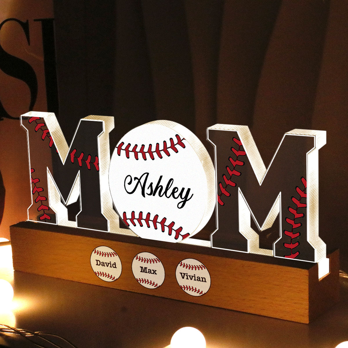 Baseball Softball Mom Kids Names Personalized Acrylic Block LED Night Light