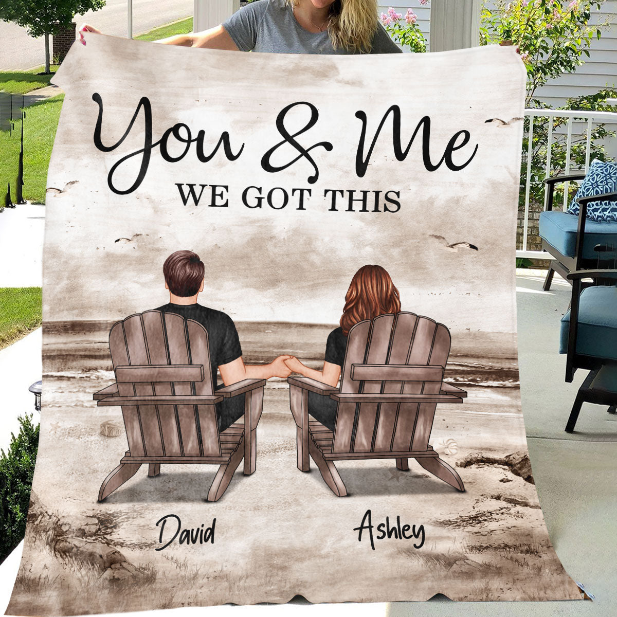 Retro Vintage Back View Couple Sitting Beach Landscape Personalized Fleece Blanket