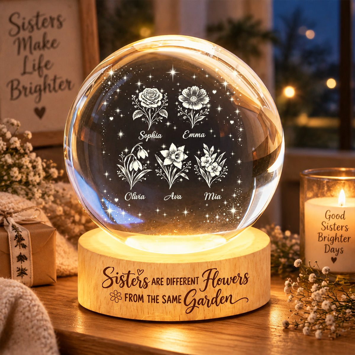Sisters Are Different Flowers from the Same Garden - Personalized Crystal Ball LED Night Light - Christmas Gift for Sisters